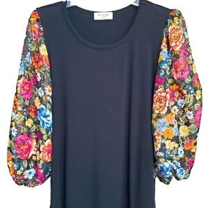 Kim & Cami Black Colorful Floral Sleeve Blouse, Women’s Top, Work